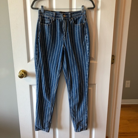 American Eagle Mom Jean AEO striped denim jeans blue high rise sz 0 - Picture 3 of 9